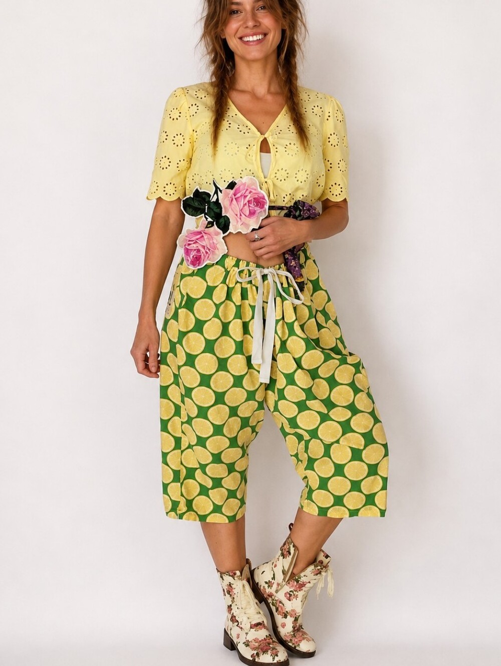 Bloomers Victorian Pants Butterfly Aplique Lemon Floral Print Patch Shabby Chic